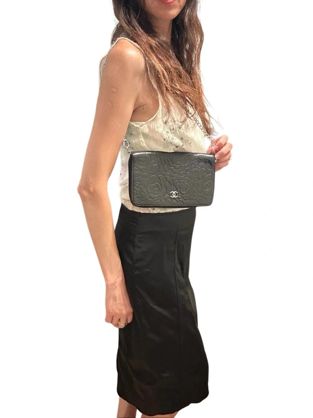 CHANEL Black Quilted Camellia Leather Card Holder with CC Logo